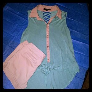 Teal and beige top with beige shorts Outfit