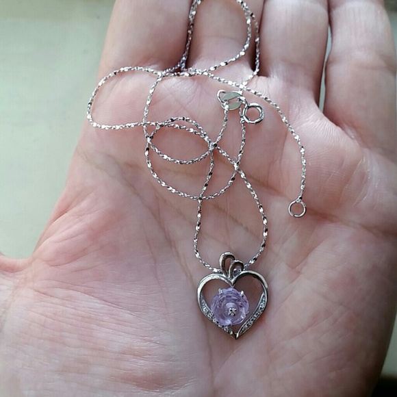 925 Sterling Silver 18k White Gold Rose Amethyst Necklace - Picture 2 of 4