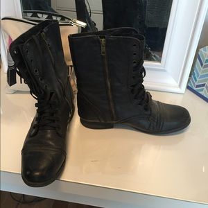 Black leather ankle combat boots
