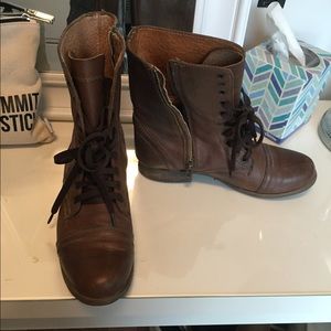 Brown leather ankle combat boots