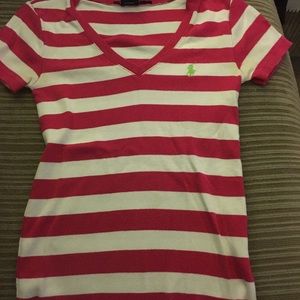 pink and white stripe v neck tee