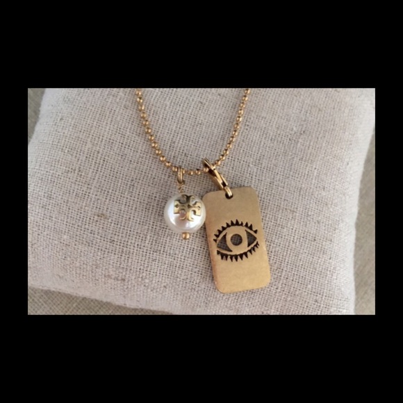 Tory Burch Evil Eye Charm Dog Tag Necklace