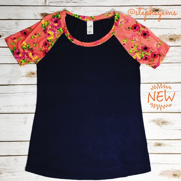 Tops - Navy Tee with Coral Floral Sleeves