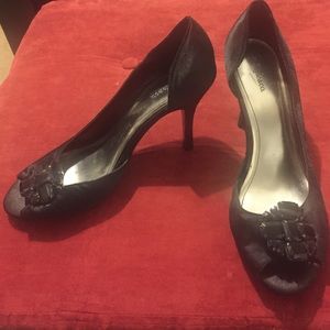 Satin Black Peep Toe Stiletos