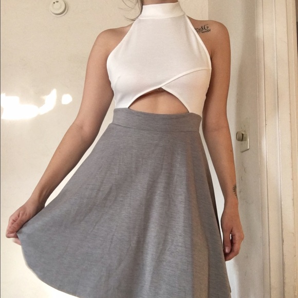 High neck neck ivory and grey cut out dress