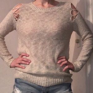 Tan sweater with cutout shoulders