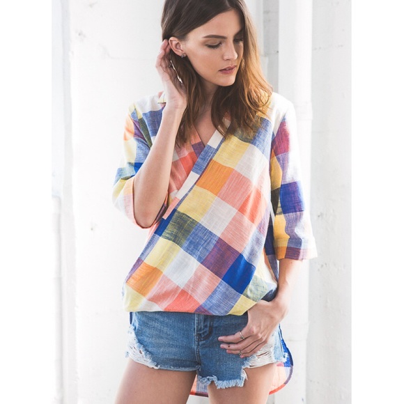 Multicolored Gingham Faux Wrap Top - Picture 2 of 4
