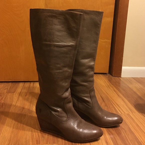 Frye Missy Tall Brown Leather Wedge Boots
