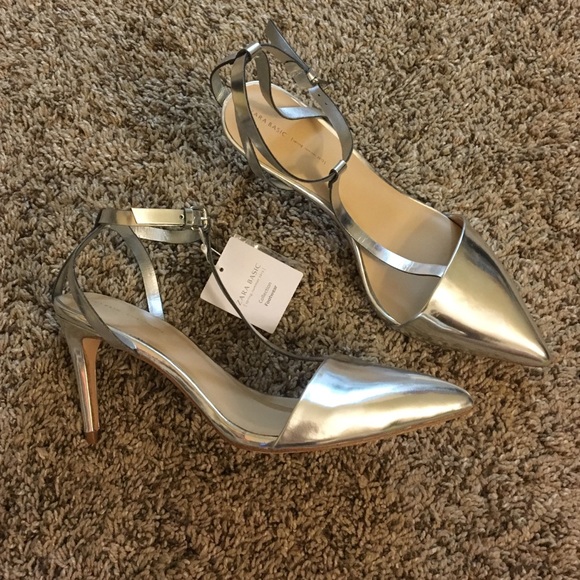 Zara Silver T-Strap Pointed Heels Size 8