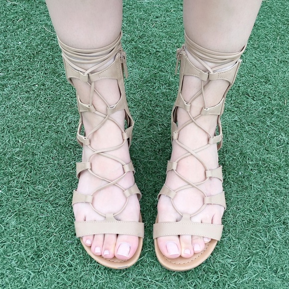 Shoes - LAST ONE - Nude Flat Lace Up Gladiators