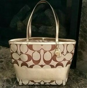 Coach Signature Jacquard Metallic Gold Stripe Tote