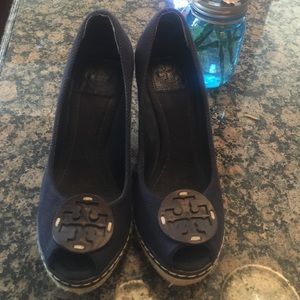 Tory Burch, Navy Wedge peep toe. Size 7