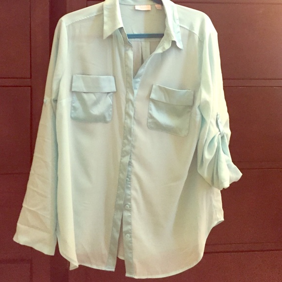 NY & Co Baby Blue Trim Silk Blouse