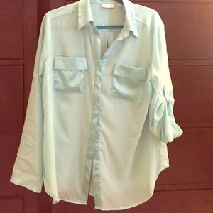 NY & Co Baby Blue Trim Silk Blouse