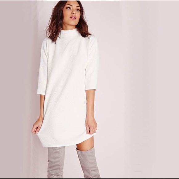 White Missguided High Neck Oversized Texture Dress - Picture 1 of 4
