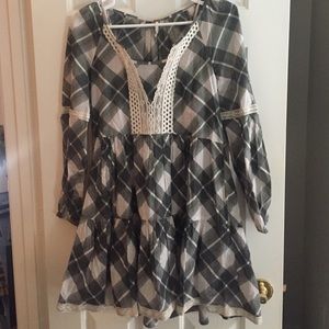 Free People Plaid Dress Small Cotton 3/4 Sleeve
