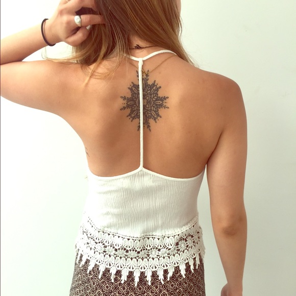 Lovely white summer tank, open back & lace bottom!