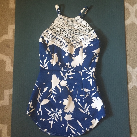 Dark blue & white floral mini dress w/strappy back
