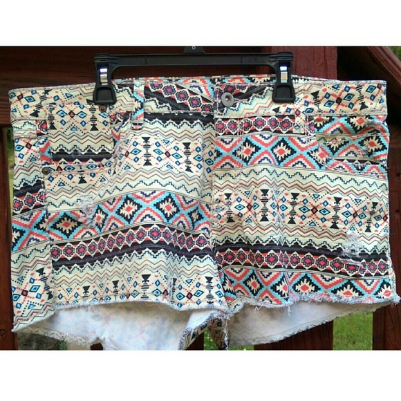 Denim Tribal Print Shorts