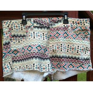 Denim Tribal Print Shorts