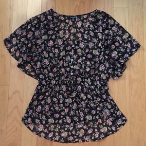 Black floral print flutter sleeve top