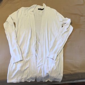 Long white open front cardigan with pockets
