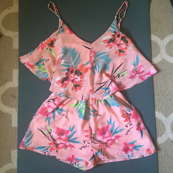 Pink floral romper, shorts as bottom.