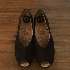 Fly London Yoni platform open toe black wedges