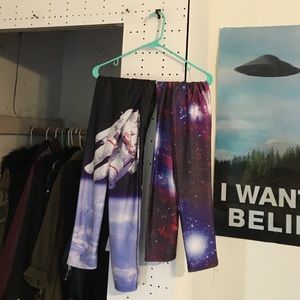 Two pairs of space themed leggings