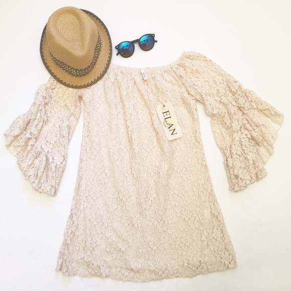 Elan Off The Shoulder Bell Sleeve Lace Dress