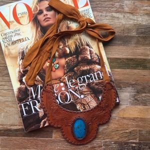 Vintage Embellished Leather Necklace w/ Stone