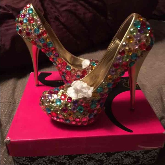 Extravagant heels embellished with colorful gems.