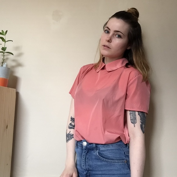 Womens light coral pink silky collar tee