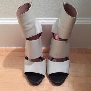 Chloe 3 strip white bandage stacked heels