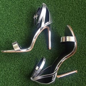 Metallic silver strap heels