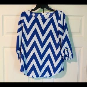Everly Blue and White Chevron Blouse