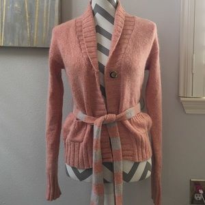 Anthropologie pink sweater, with matching belt