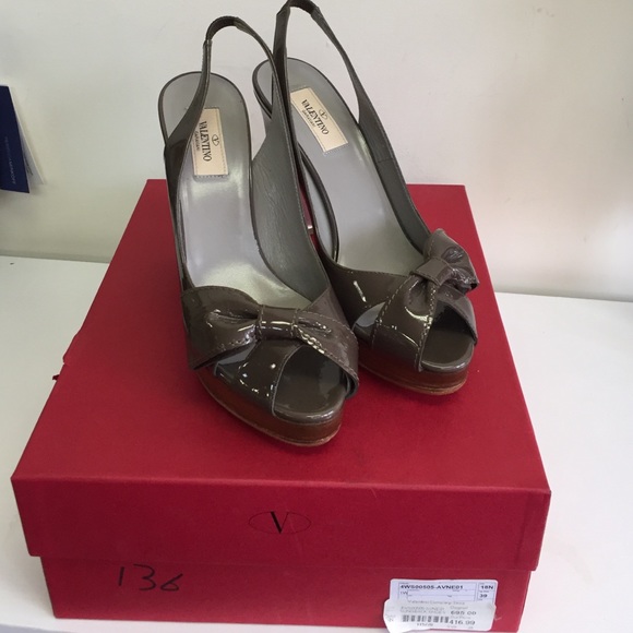 Grey Valentino patent leather sling back pumps