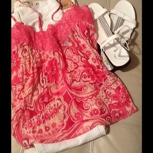 Pink and white pleated cami top