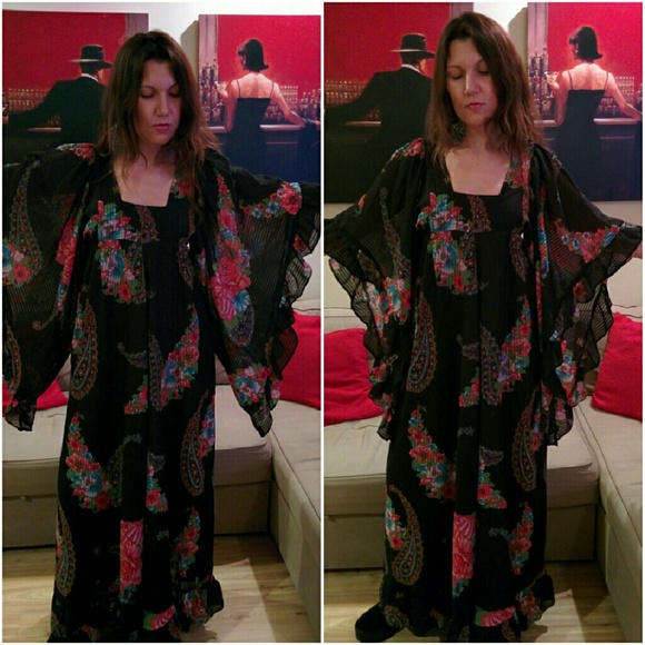 Vintage Dresses & Skirts - 70s chiffon vintage angel sleeve maxi
