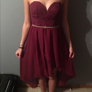Burgundy homecoming dress highlow lace strapless
