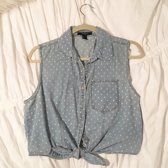 Forever 21 Chambray Front Tie Polka Dot Crop Top