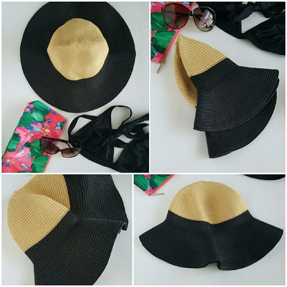 Packable Straw Floppy Beach Hat Natural/Black