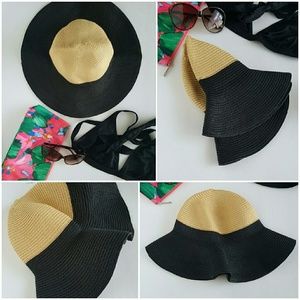 Packable Straw Floppy Beach Hat Natural/Black