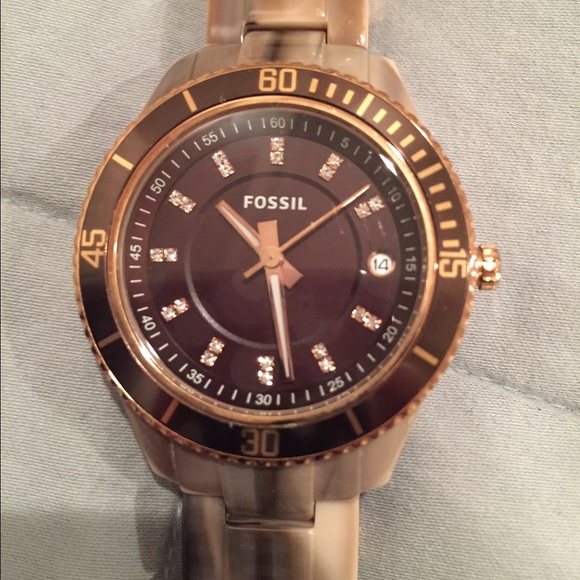 Tan tortoise shell fossil watch like new