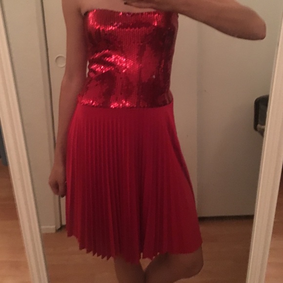 Red short  strapless sequined prom dress