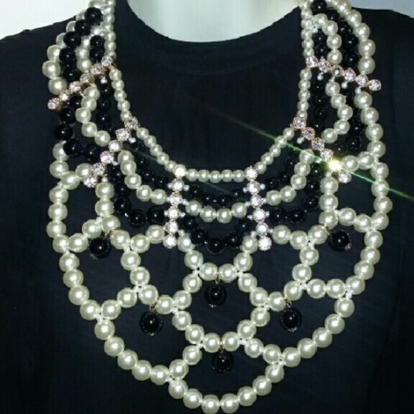 Crystals, Black& Ivory Pearls Cluster Bib Necklace