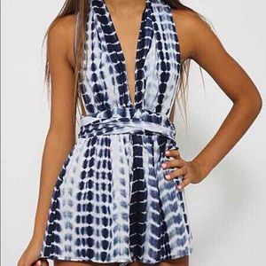 Tie-dye blue and white plunge romper