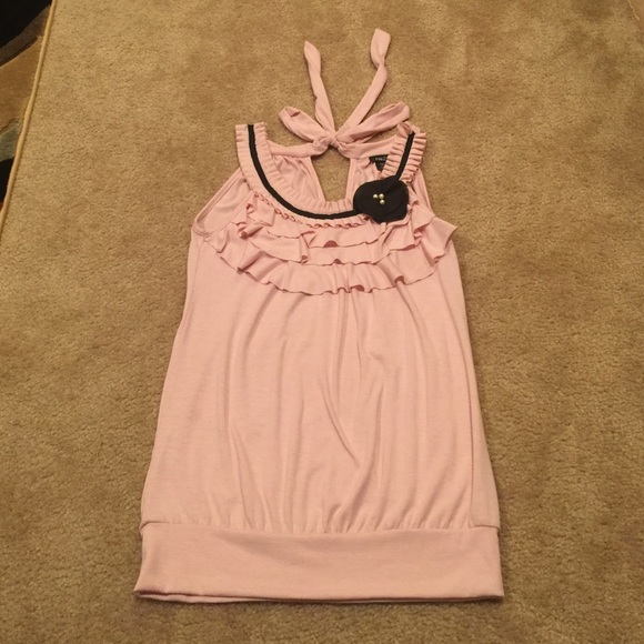 Salmon pink and black sleeveless blouse