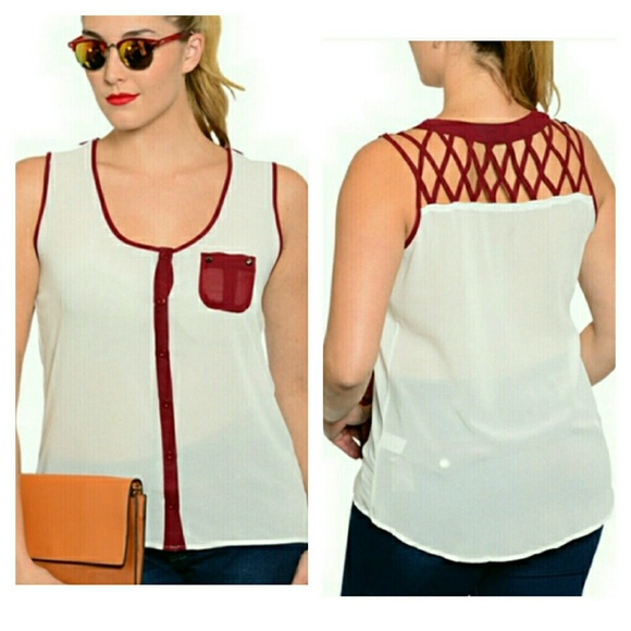 Tops - Plus Size Sheer Sleeveless Button Up w/ Caged Back